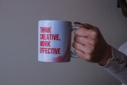 Think Creative, Work Effective. User-centered design mug.