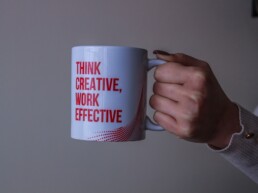 Think Creative, Work Effective. User-centered design mug.