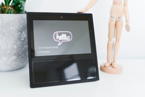 Photo showing multi-modal used interface with touch display including speaker and mic.